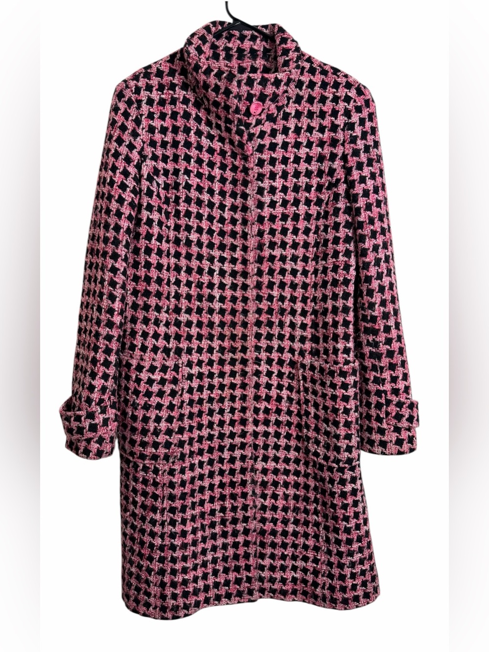 Vintage Marvin Richards Pink and Black Houndstooth Wool Tweed A-Line Long Sleeve